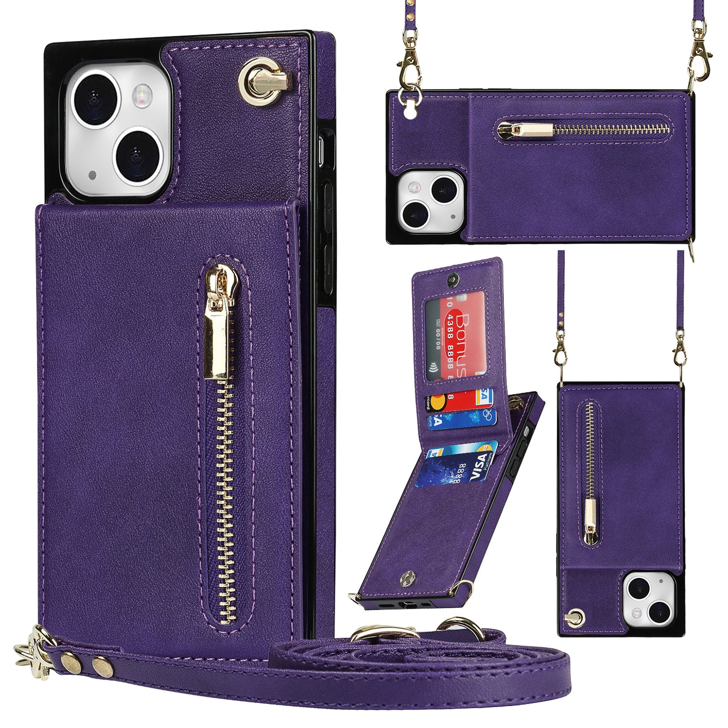 Kickstand Phone Cover for iPhone 14 Plus Leather Coated TPU Zipper Wallet Phone Case with Shoulder Strap Kickstand Phone Cover for iPhone 14 Plus Leather Coated TPU Zipper Wallet Phone Case with Shoulder Strap